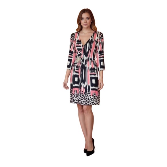 Lynn Ryan Dresses & Skirts - Multi Patterned Print V Neck Long Sleeve Dress Cinched Waist Embellished